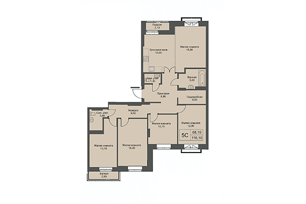 5-комнатная квартира 116,10 м&sup2; в ЖК Эволюция. Планировка