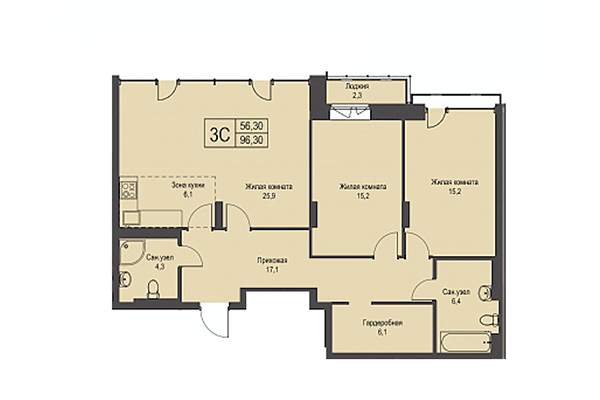 3-комнатная квартира 96,30 м&sup2; в ЖК Эволюция. Планировка