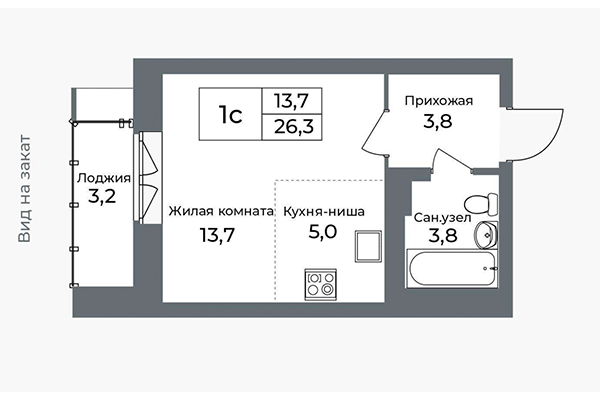 Студия 26,30 м&sup2; в ЖК Я Маяковский. Планировка