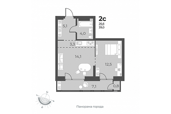 2-комнатная квартира 39,00 м&sup2; в ЖК Нормандия-Неман. Планировка