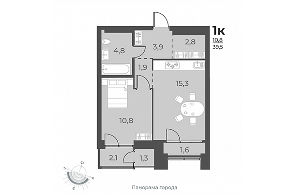 1-комнатная квартира 39,50 м&sup2; в ЖК Нормандия-Неман. Планировка