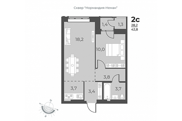 2-комнатная квартира 42,80 м&sup2; в ЖК Нормандия-Неман. Планировка