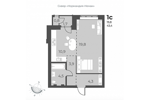 Студия 43,40 м&sup2; в ЖК Нормандия-Неман. Планировка