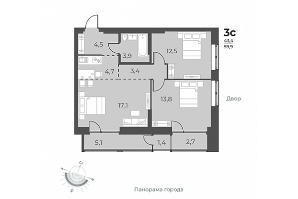 3-комнатная квартира 59,90 м&sup2; в ЖК Нормандия-Неман. Планировка