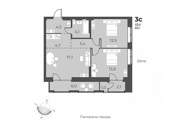 3-комнатная квартира 60,10 м&sup2; в ЖК Нормандия-Неман. Планировка