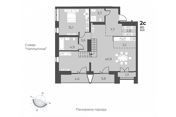 2-комнатная квартира 95,90 м&sup2; в ЖК Нормандия-Неман. Планировка