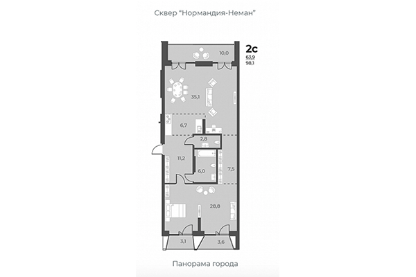 2-комнатная квартира 98,10 м&sup2; в ЖК Нормандия-Неман. Планировка