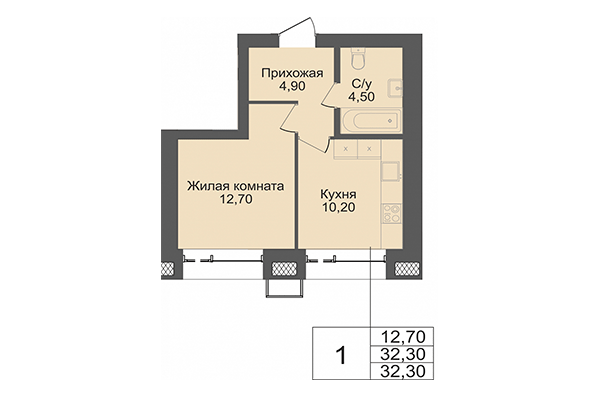 1-комнатная квартира 32,30 м&sup2; в ЖК Онега. Планировка