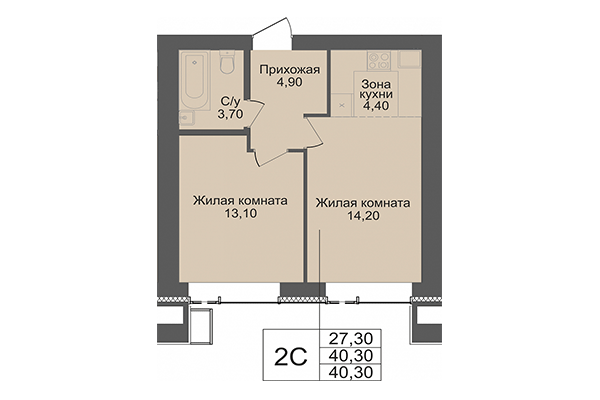 2-комнатная квартира 40,30 м&sup2; в ЖК Онега. Планировка