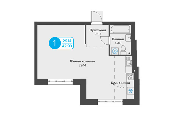 1-комнатная квартира 42,93 м&sup2; в ЖК Огни Сибири. Планировка