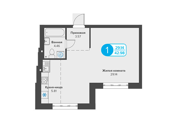 1-комнатная квартира 42,98 м&sup2; в ЖК Огни Сибири. Планировка
