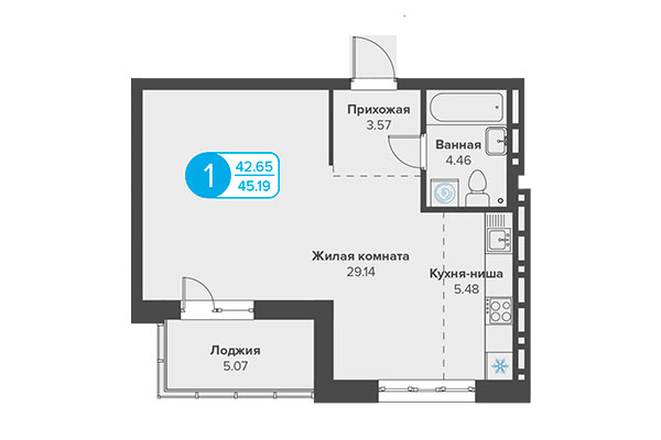 1-комнатная квартира 45,19 м&sup2; в ЖК Огни Сибири. Планировка