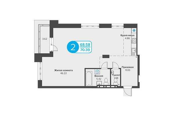 2-комнатная квартира 70,39 м&sup2; в ЖК Огни Сибири. Планировка