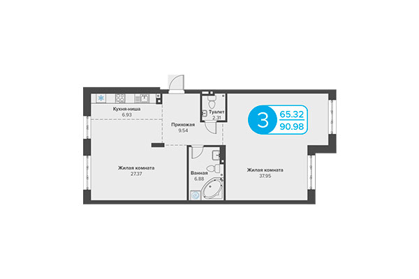 3-комнатная квартира 90,98 м&sup2; в ЖК Огни Сибири. Планировка