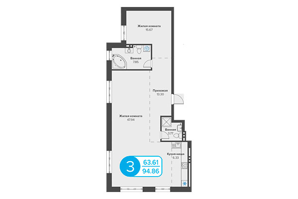 3-комнатная квартира 94,86 м&sup2; в ЖК Огни Сибири. Планировка