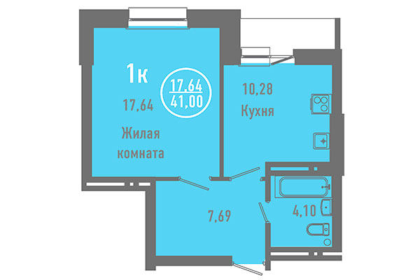 1-комнатная квартира 41,00 м&sup2; в ЖК Дианит. Планировка