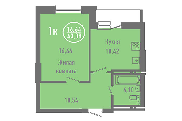 1-комнатная квартира 43,08 м&sup2; в ЖК Дианит. Планировка