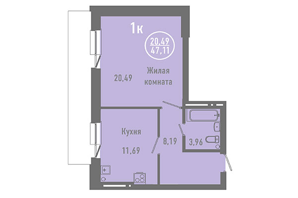 1-комнатная квартира 47,11 м&sup2; в ЖК Дианит. Планировка