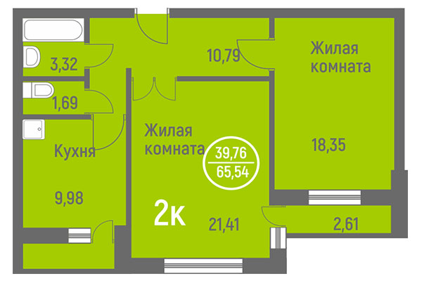 2-комнатная квартира 65,54 м&sup2; в ЖК Дианит. Планировка