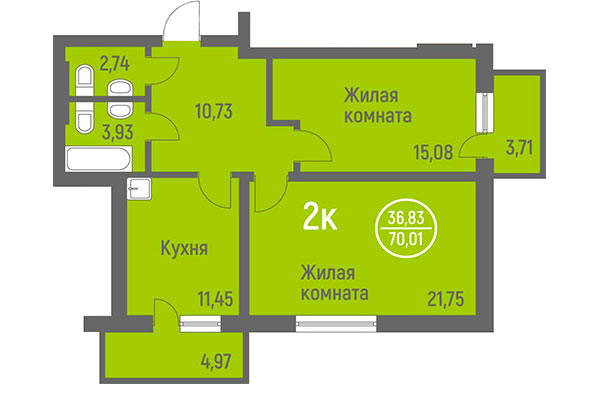 2-комнатная квартира 70,01 м&sup2; в ЖК Дианит. Планировка