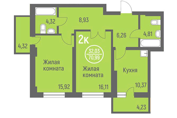 2-комнатная квартира 70,99 м&sup2; в ЖК Дианит. Планировка