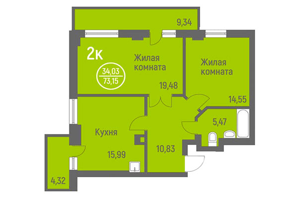 2-комнатная квартира 73,15 м&sup2; в ЖК Дианит. Планировка