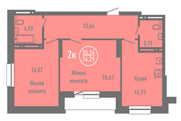 2-комнатная квартира 74,29 м&sup2; в ЖК Дианит. Планировка