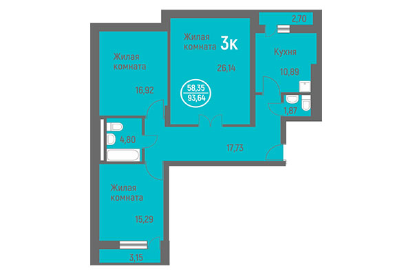 3-комнатная квартира 93,64 м&sup2; в ЖК Дианит. Планировка