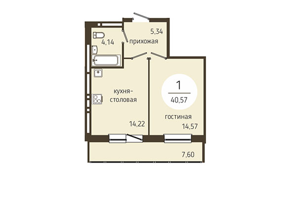1-комнатная квартира 40,57 м&sup2; в ЖК Оникс. Планировка
