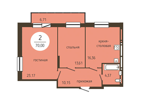 2-комнатная квартира 70,00 м&sup2; в ЖК Оникс. Планировка