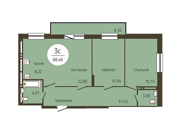 3-комнатная квартира 88,40 м&sup2; в ЖК Оникс. Планировка