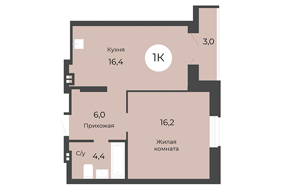 1-комнатная квартира 44,60 м&sup2; в ЖК Топаз. Планировка