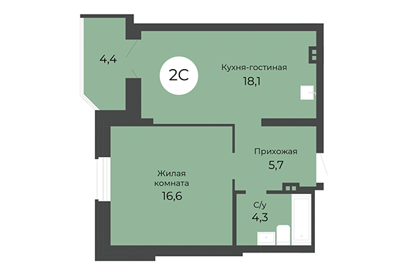 2-комнатная квартира 46,90 м&sup2; в ЖК Топаз. Планировка