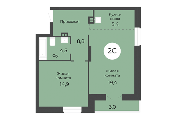 2-комнатная квартира 54,70 м&sup2; в ЖК Топаз. Планировка