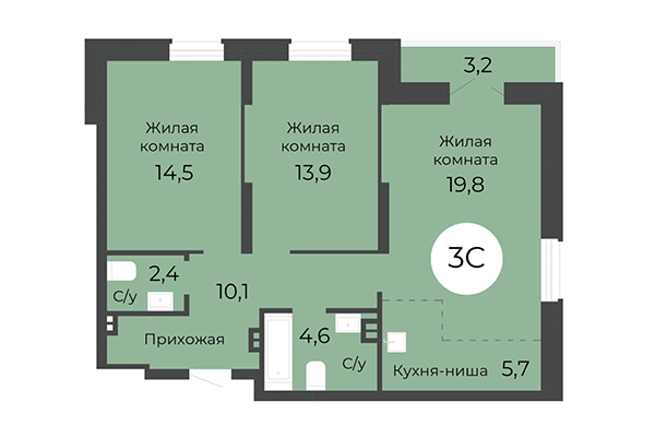 3-комнатная квартира 72,80 м&sup2; в ЖК Топаз. Планировка
