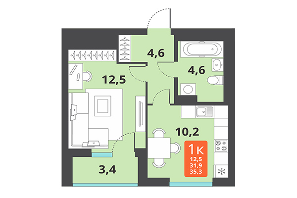1-комнатная квартира 35,30 м&sup2; в ЖК Тайгинский парк. Планировка