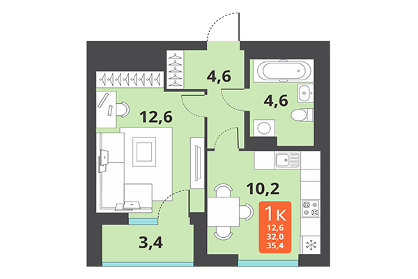 1-комнатная квартира 35,40 м&sup2; в ЖК Тайгинский парк. Планировка