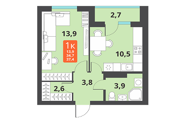 1-комнатная квартира 37,40 м&sup2; в ЖК Тайгинский парк. Планировка