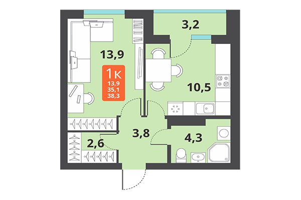1-комнатная квартира 38,30 м&sup2; в ЖК Тайгинский парк. Планировка