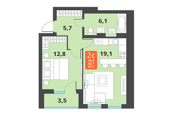 2-комнатная квартира 47,20 м&sup2; в ЖК Тайгинский парк. Планировка