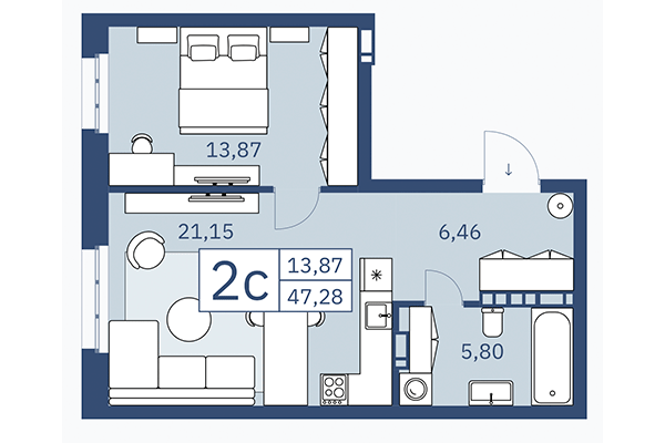 2-комнатная квартира 47,28 м&sup2; в ЖК ZOE. Планировка