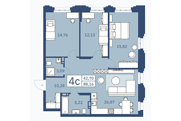 4-комнатная квартира 88,16 м&sup2; в ЖК ZOE. Планировка