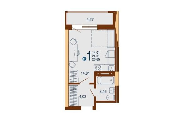 Студия 26,65 м&sup2; в Дом на Доватора. Планировка