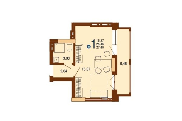 Студия 27,40 м&sup2; в Дом на Доватора. Планировка