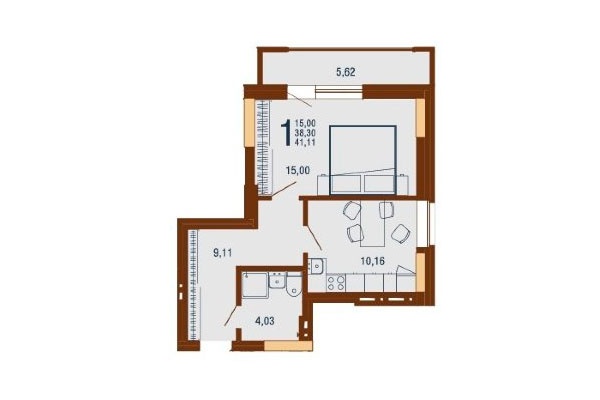 1-комнатная квартира 41,11 м&sup2; в Дом на Доватора. Планировка