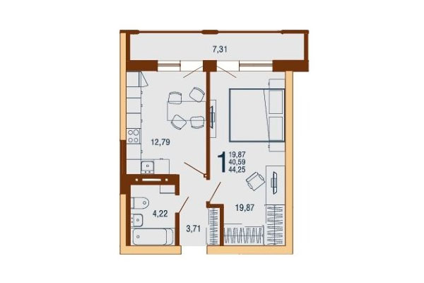 1-комнатная квартира 44,25 м&sup2; в Дом на Доватора. Планировка