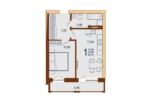 1-комнатная квартира 46,13 м&sup2; в Дом на Доватора. Планировка