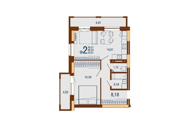 2-комнатная квартира 53,91 м&sup2; в Дом на Доватора. Планировка