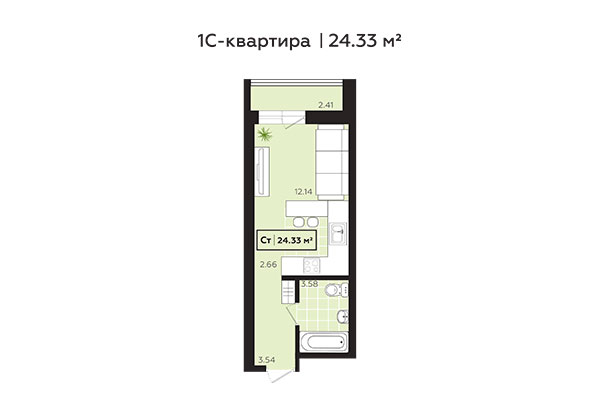 Студия 24,33 м&sup2; в ЖК Зоркий. Планировка