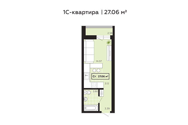 Студия 27,06 м&sup2; в ЖК Зоркий. Планировка